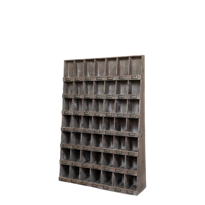 Rustic wooden pigeonhole cabinet with labelled compartments, styled with ceramics, twine, candles 