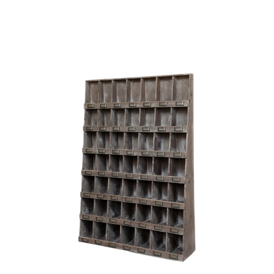 Chichester Sorting Shelf Rustic wooden pigeonhole cabinet with labelled compartments, styled with ceramics, twine, candles