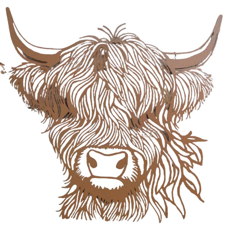 Rustic metal wall art of a Highland cow with flowing hair, mounted on a textured brick wall, adding countryside charm,