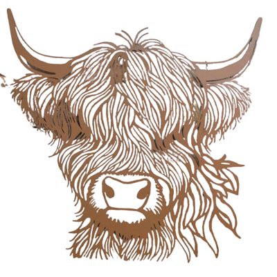 Rustic metal wall art of a Highland cow with flowing hair, mounted on a textured brick wall, adding countryside charm,