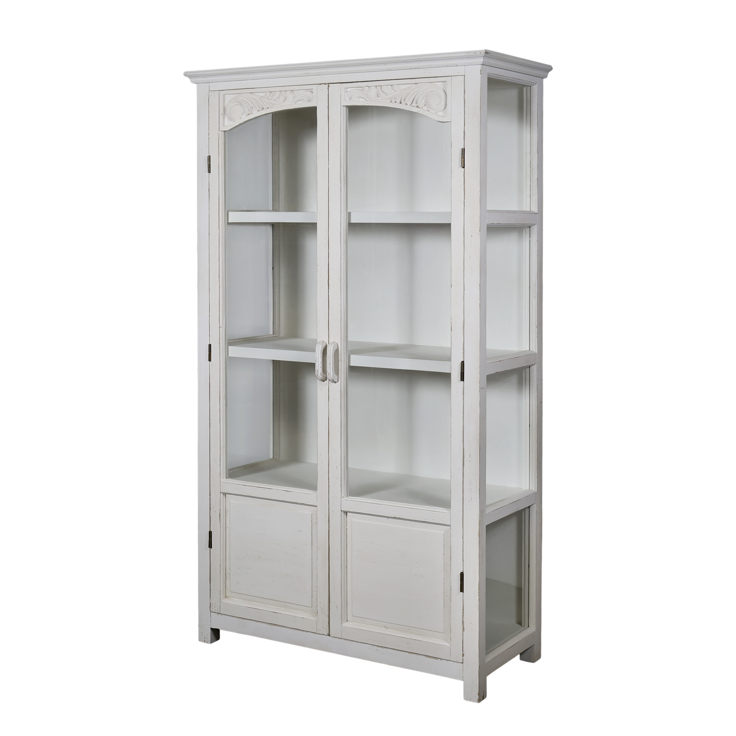 Antique cream display cabinet with glazed doors, carved detailing, internal shelves, and lower cupboards for storage