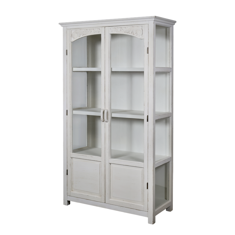 Antique cream display cabinet with glazed doors, carved detailing, internal shelves, and lower cupboards for storage