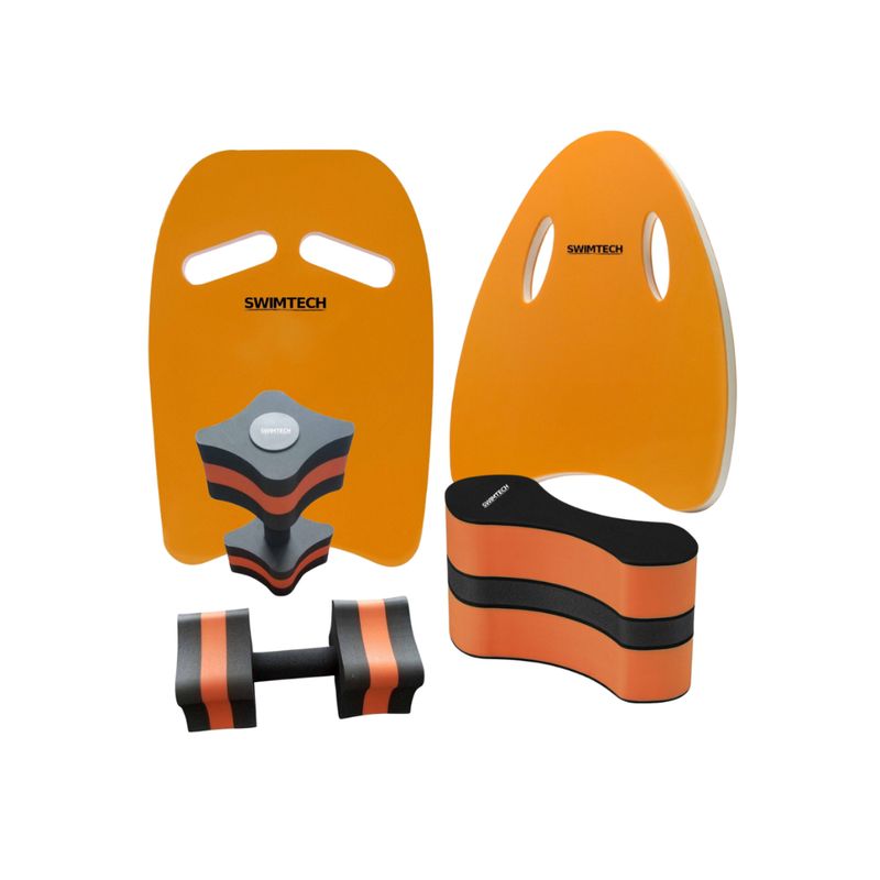 Swimtech Fit  Set.  Kickboard, Classic Kickboard Swim Dumbbells, and Pull Buoy in orange and black finish.