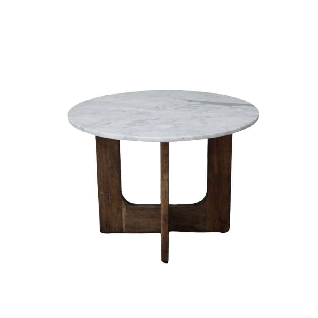 Round marble top side table with a warm wooden base, featuring curved cut-out legs and a simple, balanced design