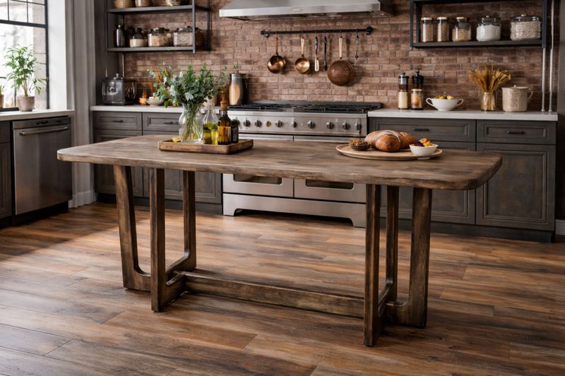 Rectangular wooden dining table with rounded corners, warm finish and sturdy open-frame legs with a low stretcher