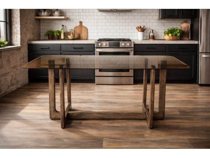 Glass-top table with wooden base and matching bench, warm finish, open-frame legs and simple, balanced design