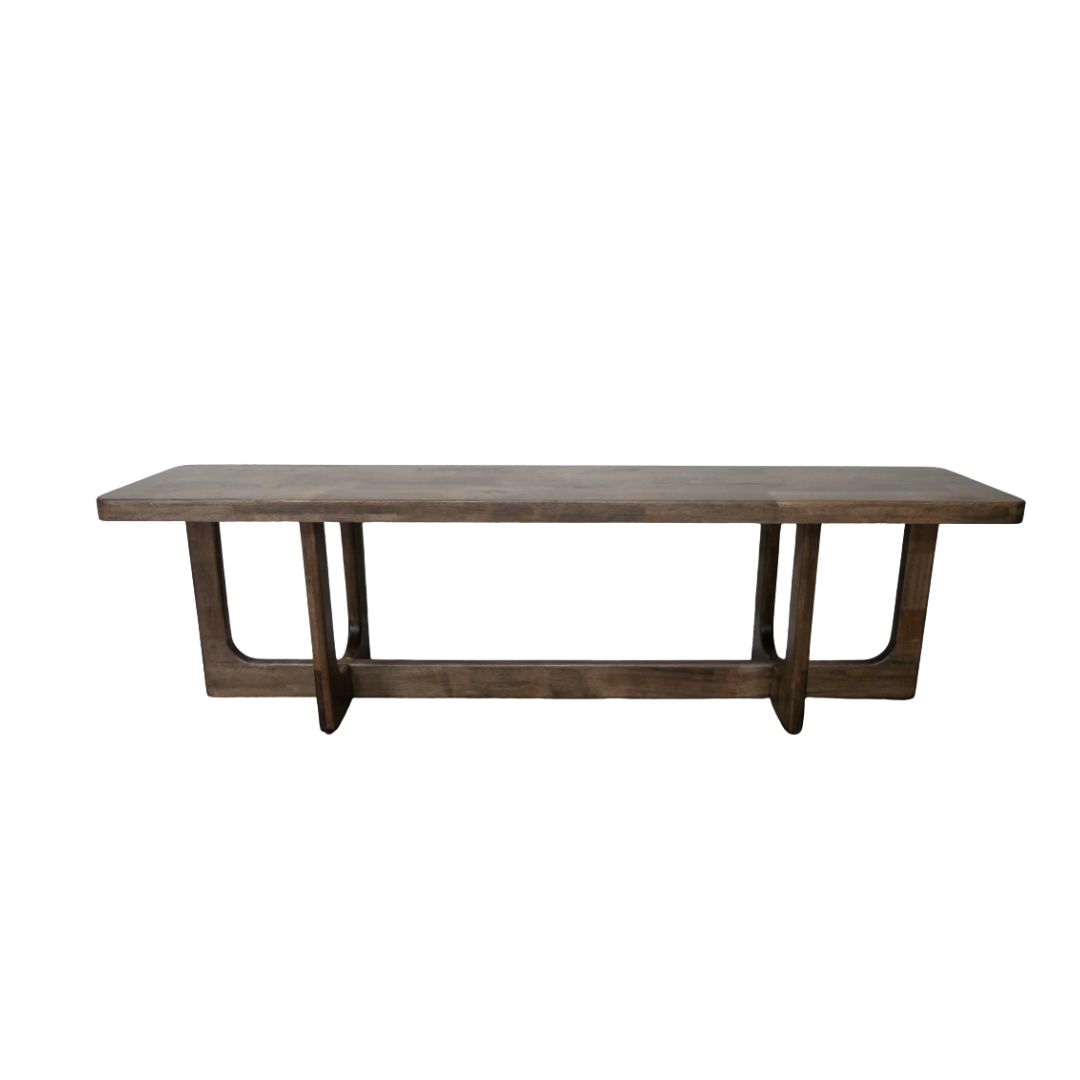 Wooden bench with a warm finish, rounded edges and open-frame legs with a low stretcher, simple and sturdy in design