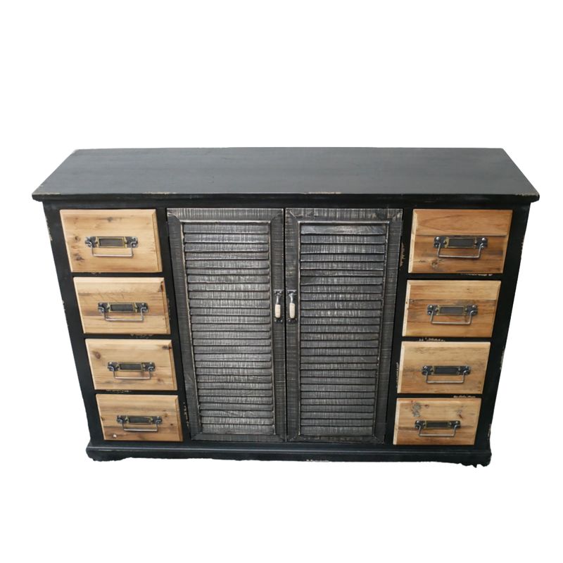 Rustic Dortmund sideboard with black painted frame, natural wood drawers and shutter-style cupboard doors.