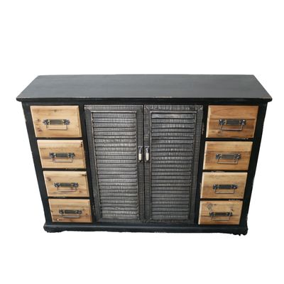 Rustic Dortmund sideboard with black painted frame, natural wood drawers and shutter-style cupboard doors.