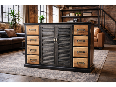 Dortmund Sideboard Rustic Dortmund sideboard with black painted frame, natural wood drawers and shutter-style cupboard doors.