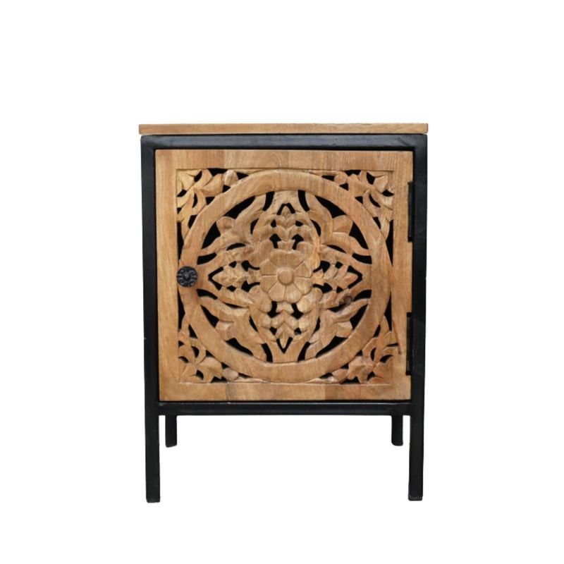 Specture Bedside Cabinet Hand-carved wooden bedside cabinet with floral door design, natural wood finish and black frame.