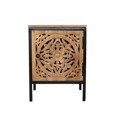 Hand-carved wooden bedside cabinet with floral door design, natural wood finish and black frame.