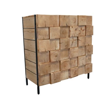 Forest Bloc cupboard with textured solid wood block front, natural grain patterns and black metal frame.