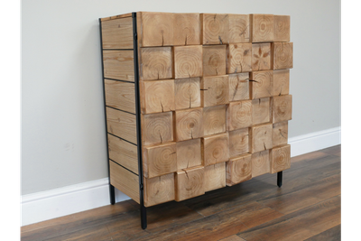 Forest Bloc cupboard with textured solid wood block front, natural grain patterns and black metal frame.