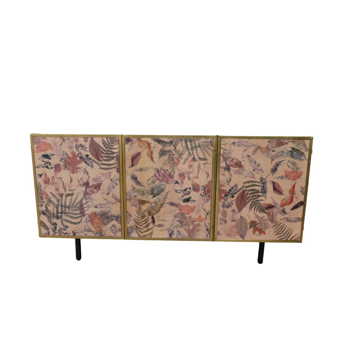 Botanical three-door sideboard featuring leaf and fern artwork, gold trim and slim black legs for elegant storage.