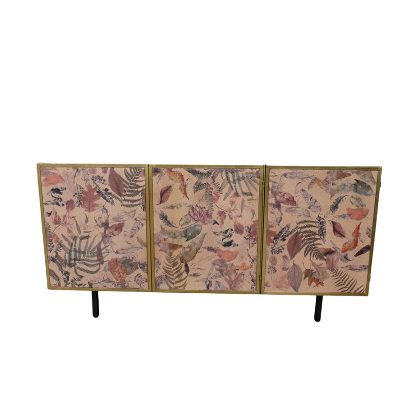 Chateau Leaf Sideboard Botanical three-door sideboard featuring leaf and fern artwork, gold trim and slim black legs for elegant storage.