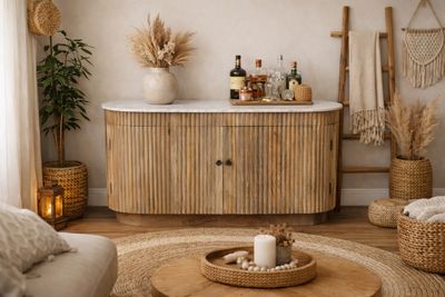 Fluted wood sideboard with curved edges, marble top and natural finish, styled in a warm, relaxed living space.