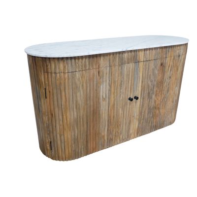 Fluted wood sideboard with curved edges, marble top and natural finish, styled in a warm, relaxed living space.