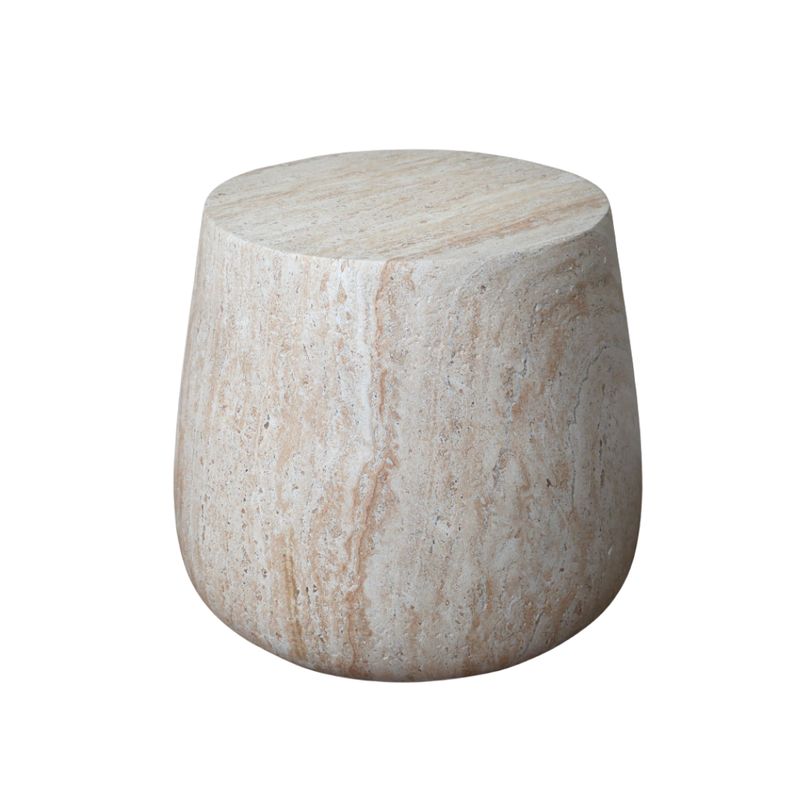Rounded stone-effect side table with a smooth sculptural shape and travertine-style finish in warm natural tones.