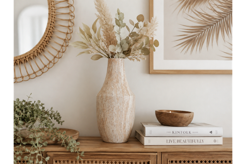 Stone-effect decorative vase with a curved silhouette and textured travertine-style finish in warm natural tones.