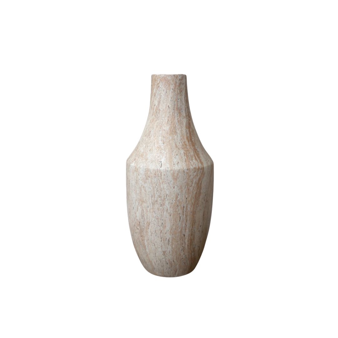 Stone-effect decorative vase with a curved silhouette and textured travertine-style finish in warm natural tones.