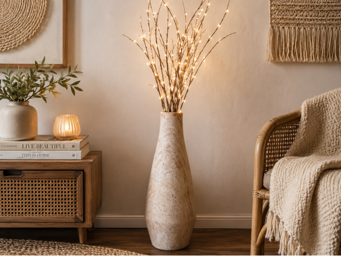 Tall stone-effect vase with a sculptural silhouette and soft travertine-style finish in natural cream and beige tones.