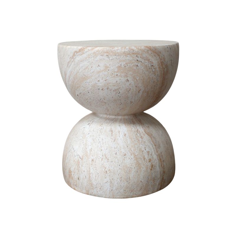 Cream stone-effect side table with a sculptural hourglass shape and subtle natural marbling.