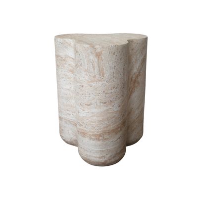 Centure Cluster Side Table SN: 12178 Unit Price: £39.00 Travertine-effect side table with sculptural pillar base and organic shape in warm cream and natural stone tones.