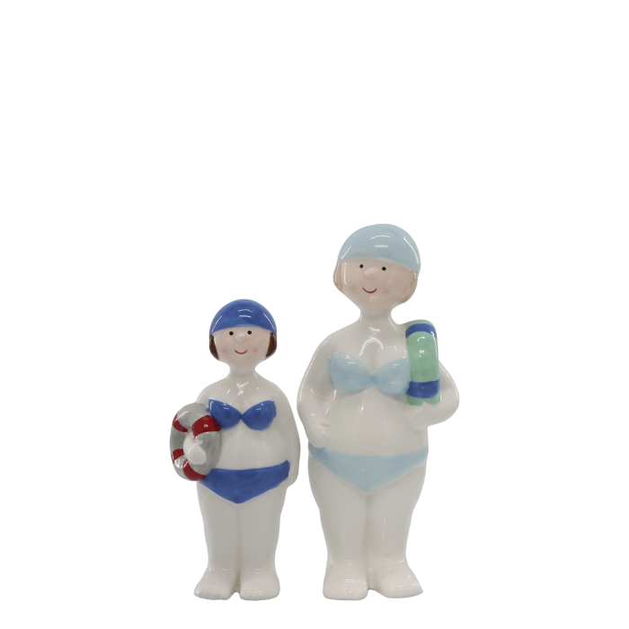 Two cheerful beach-themed figurines in swimsuits.