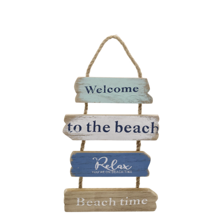 Rustic hanging beach sign with blue and natural wooden slats reading Welcome to the beach, Relax, and Beach time.