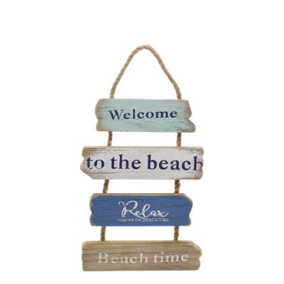 Rustic hanging beach sign with blue and natural wooden slats reading Welcome to the beach, Relax, and Beach time.