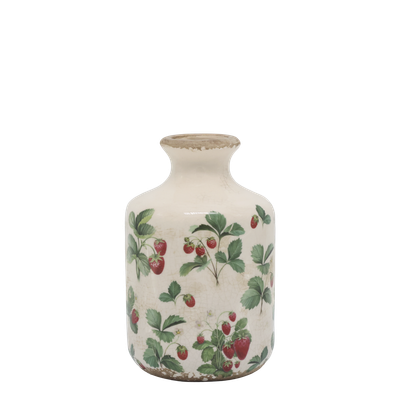 Vintage-style ceramic planter, bottle and jug with strawberry illustrations, styled on rustic wooden shelves.