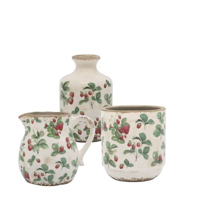 Strawberry Fields Planter, Bottle and Jug Set Vintage-style ceramic planter, bottle and jug with strawberry illustrations, styled on rustic wooden shelves.