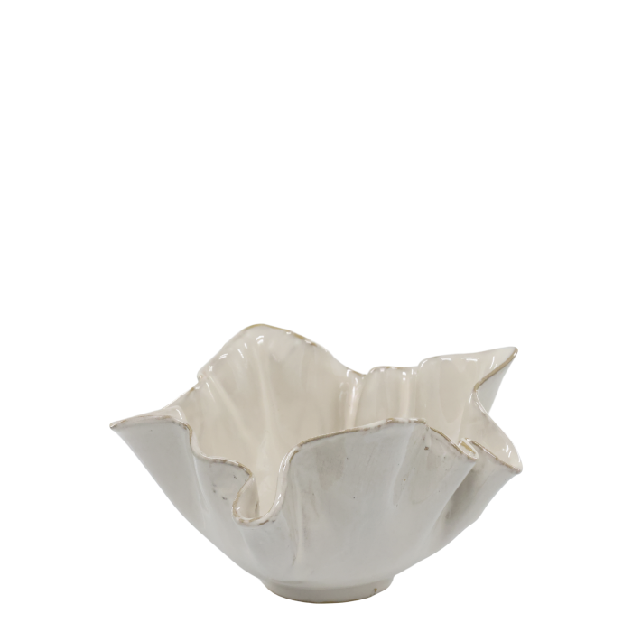 Brisa Decorative Bowls Set of Two White ceramic bowl shaped like a seashell with gold-edged rim, styled on a table in a coastal-inspired interior.