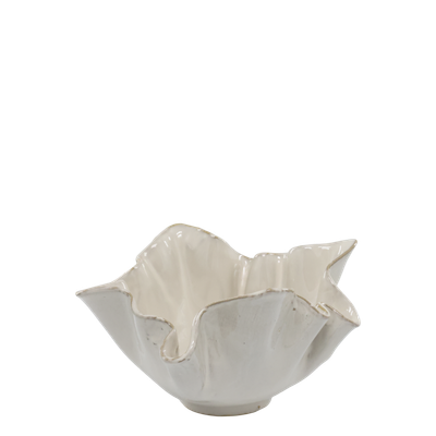 Brisa Decorative Bowls Set of Two White ceramic bowl shaped like a seashell with gold-edged rim, styled on a table in a coastal-inspired interior.