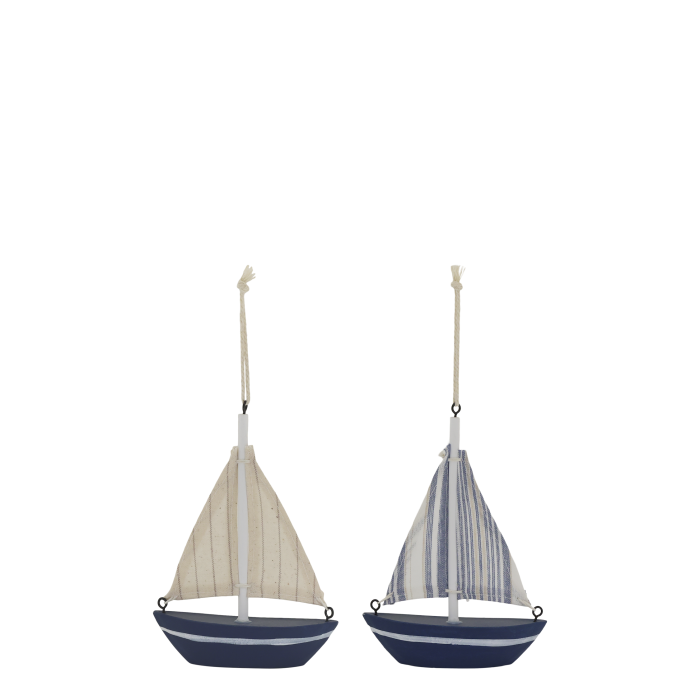 Pair of decorative blue and white sailing boats with fabric sails, perfect for coastal, nautical, and beach-themed décor.