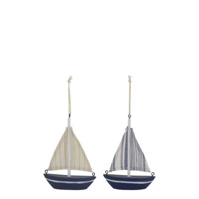 Pair of decorative blue and white sailing boats with fabric sails, perfect for coastal, nautical, and beach-themed décor.