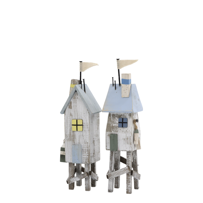 Wooden Beach Houses Set of Two Set of two rustic wooden beach houses on stilts with pastel blue roofs, nautical details and weathered finish.