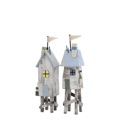 Wooden Beach Houses Set of Two Set of two rustic wooden beach houses on stilts with pastel blue roofs, nautical details and weathered finish.