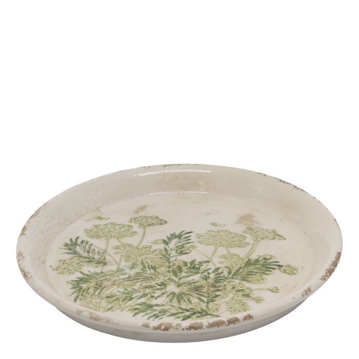 Cream ceramic jug and matching tray with delicate green botanical design and distressed finish for rustic décor.