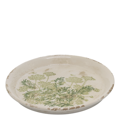 Cream ceramic jug and matching tray with delicate green botanical design and distressed finish for rustic décor.