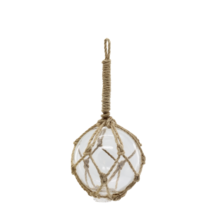 Decorative clear glass fishing float wrapped in natural rope netting, perfect for coastal and nautical home décor.