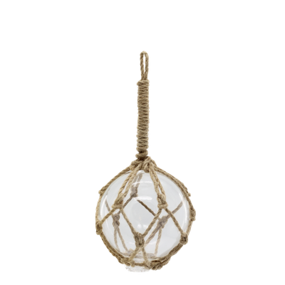 Fishing Float Set of Three Decorative clear glass fishing float wrapped in natural rope netting, perfect for coastal and nautical home dรฉcor.