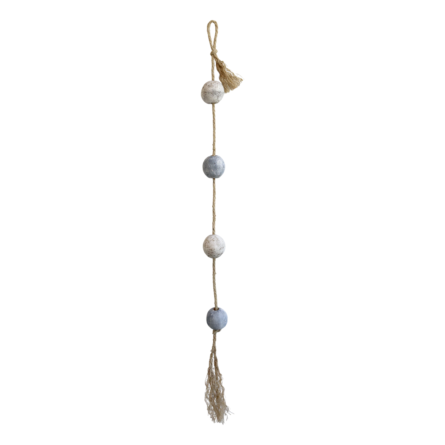 Harbour Float Wall Decor Weathered blue and white wooden fishing floats threaded on natural rope with tassels, styled on a rustic surface.
