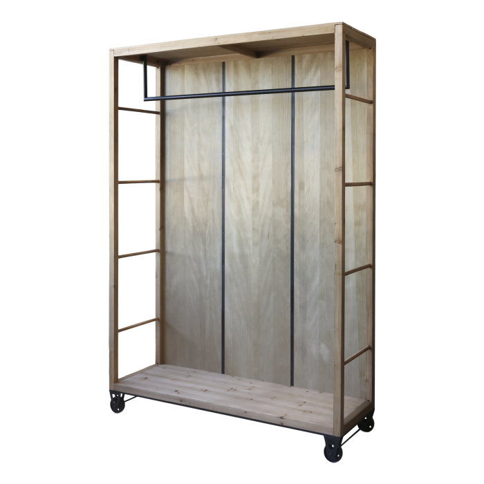 Industrial-style open wardrobe with natural wood frame, hanging rail, side shelving and castors for flexible bedroom storage.