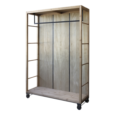 Industrial-style open wardrobe with natural wood frame, hanging rail, side shelving and castors for flexible bedroom storage.