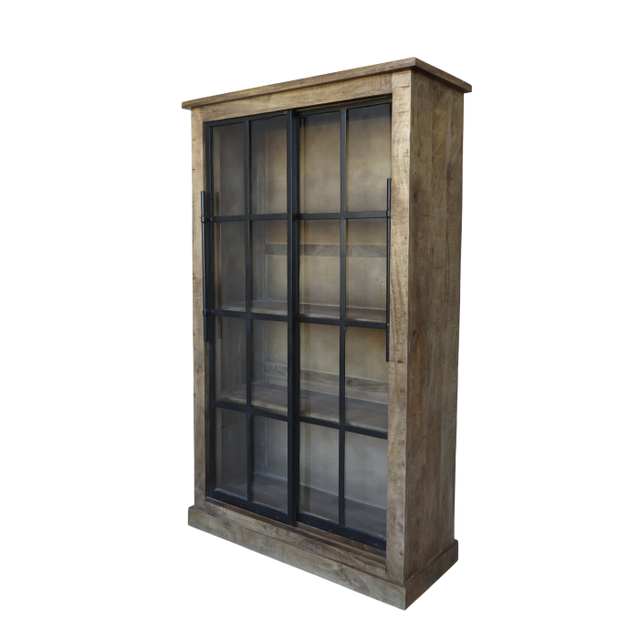 Spey display cabinet with black framed glass sliding doors and natural wood finish for showcasing books, glassware and décor.