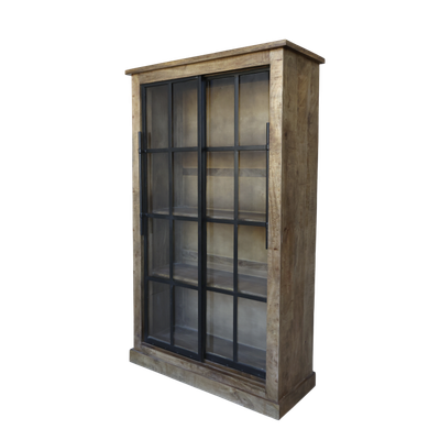 Spey display cabinet with black framed glass sliding doors and natural wood finish for showcasing books, glassware and décor.