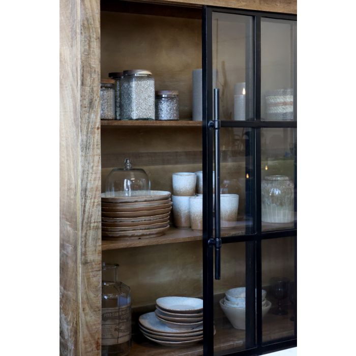 Spey large display cabinet with black framed glass sliding doors and natural wood finish, perfect for displaying treasures
