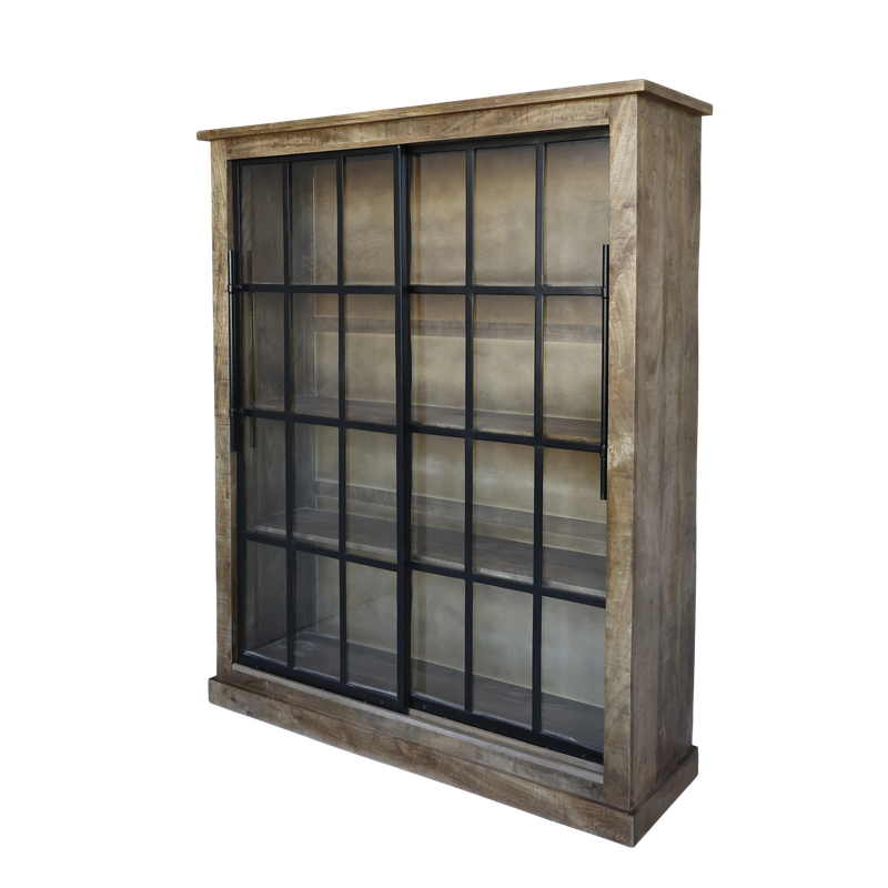 Spey large display cabinet with black framed glass sliding doors and natural wood finish, perfect for displaying treasures